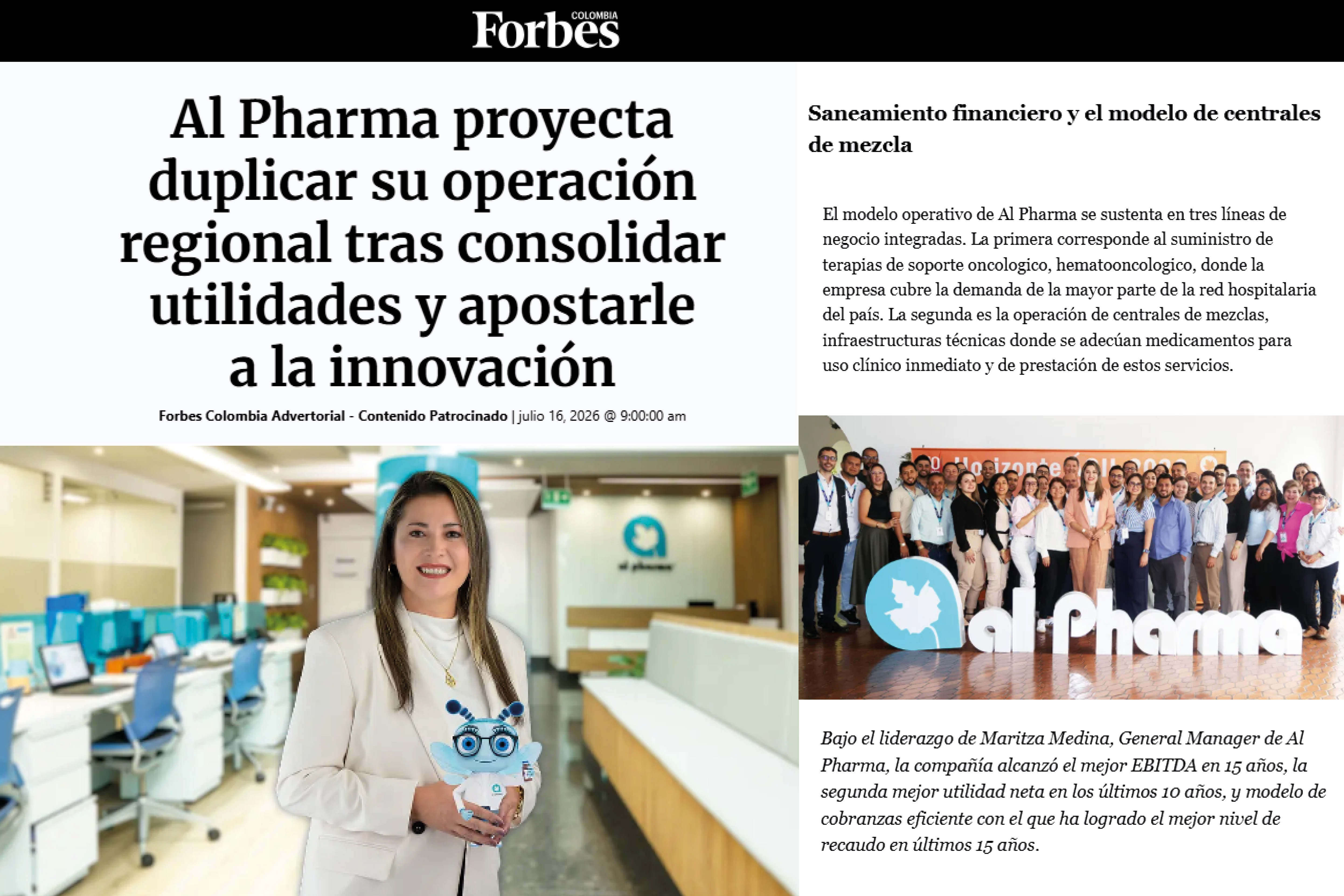 Portada del advertorial de Forbes Colombia sobre al pharma, con Maritza Medina, Gerente General